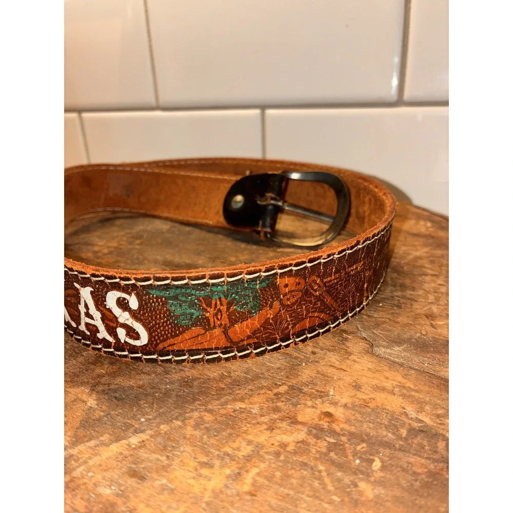 Leather Western Belt TEXAS‎ Cowboy Cowgirl Brown Strap Buckle